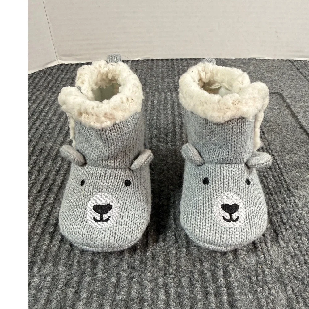 Just One You by Carters Baby Bear Knit Booties Grey Faux Shearling 0-3M